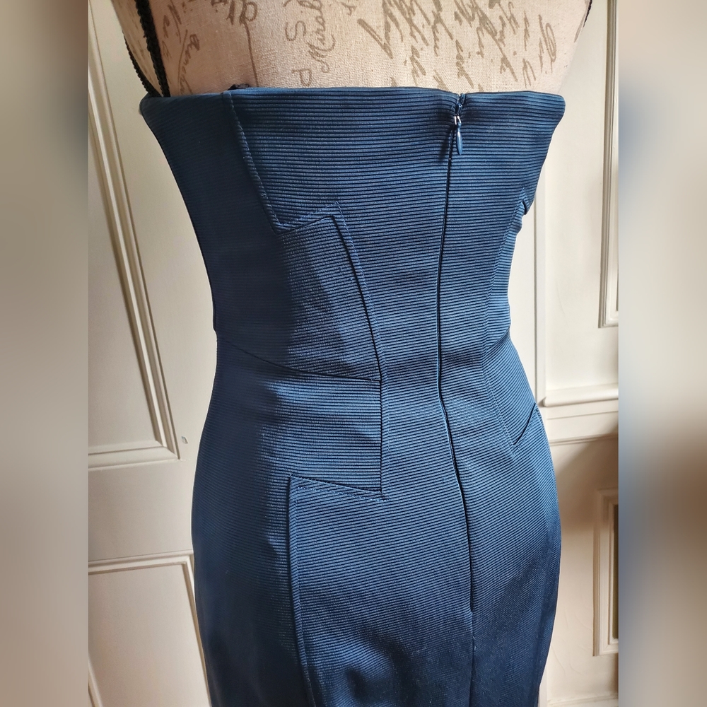 Zac Pozen teal body-hugging dress with structure, front bow, back zips sz XS - Picture 5 of 14